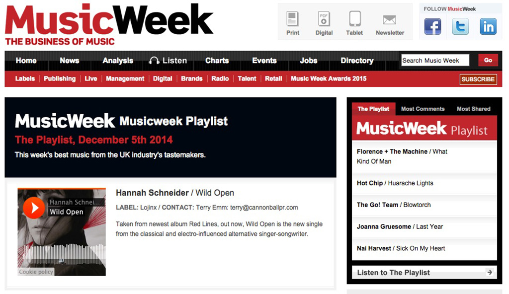 Hannah Schneider on the MusicWeek Playlist