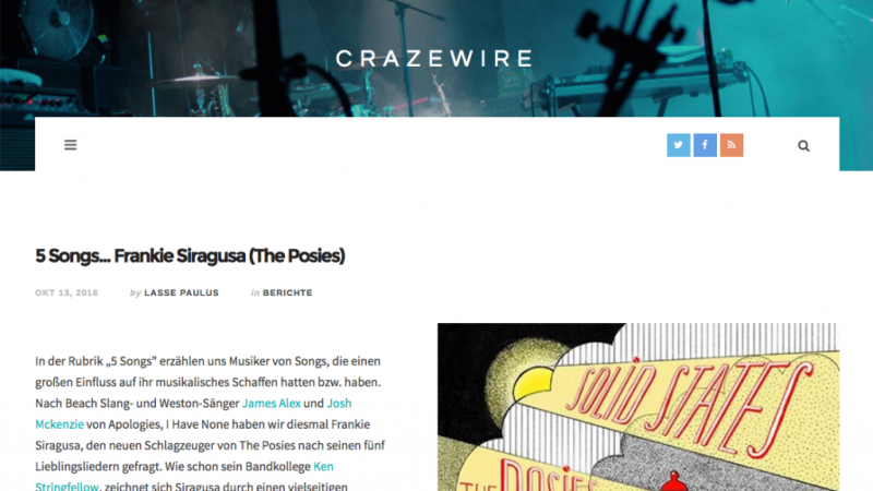 5 Songs… Frankie Siragusa of The Posies, in Crazewire